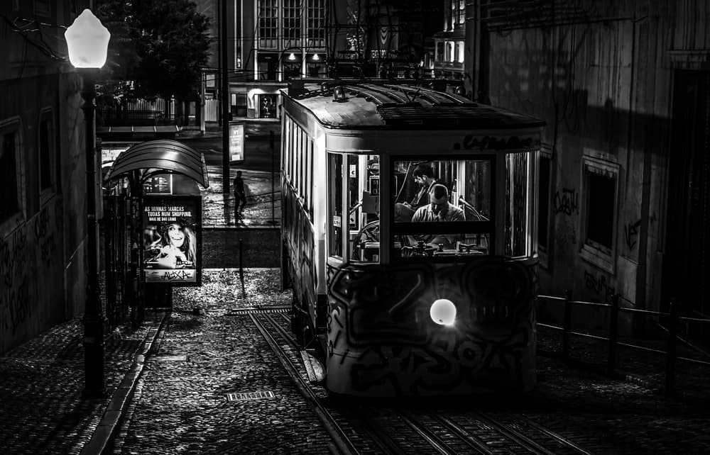 Lisbon Night Tram by Michel Romaggi — canvas wall art