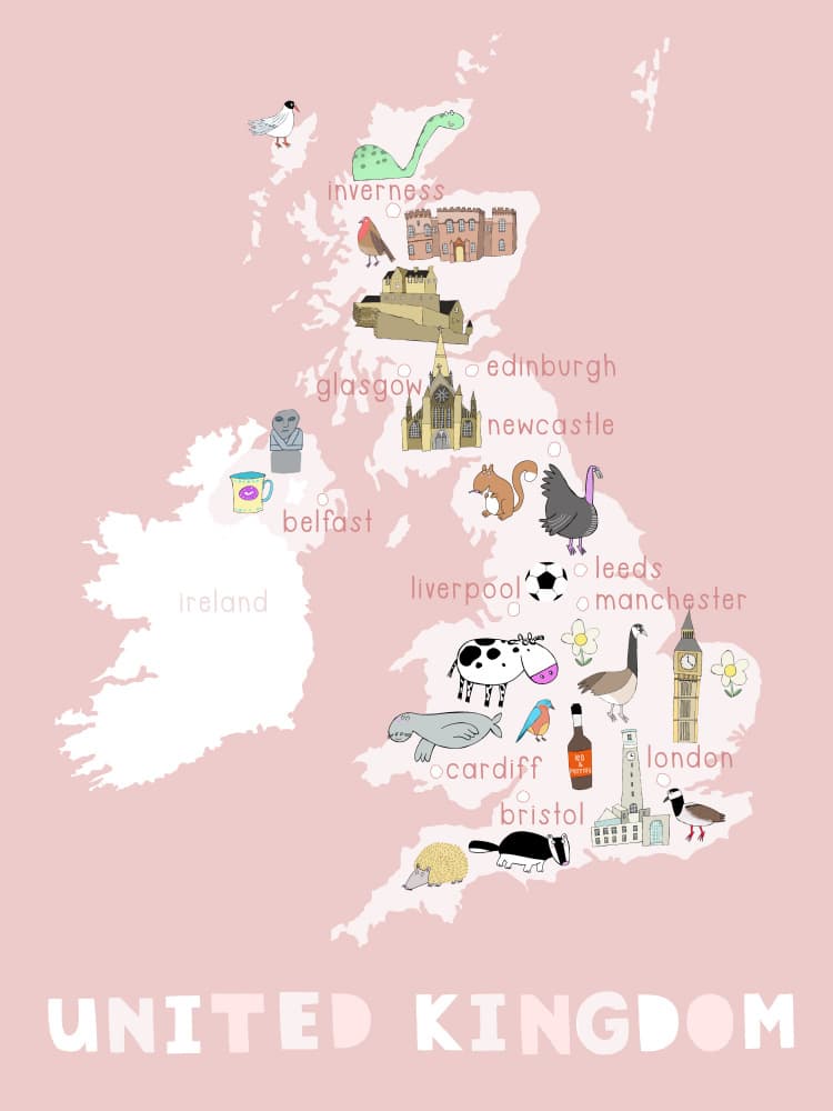 Whimsical UK Travel Map by Carla Daly — canvas wall art