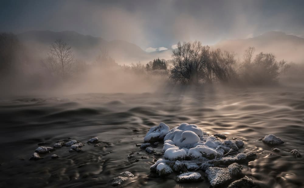 Sunlit Winter River Fog by Nina Pauli — canvas wall art