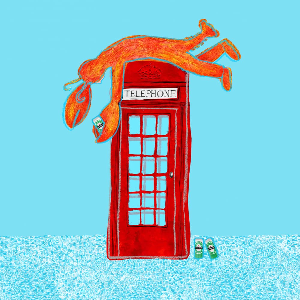 Funny Lobster Phone Booth by Martina Scott — canvas wall art