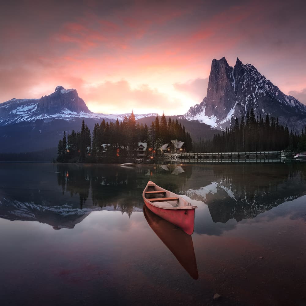 Red Canoe Mountain Sunset by joanaduenas — canvas wall art