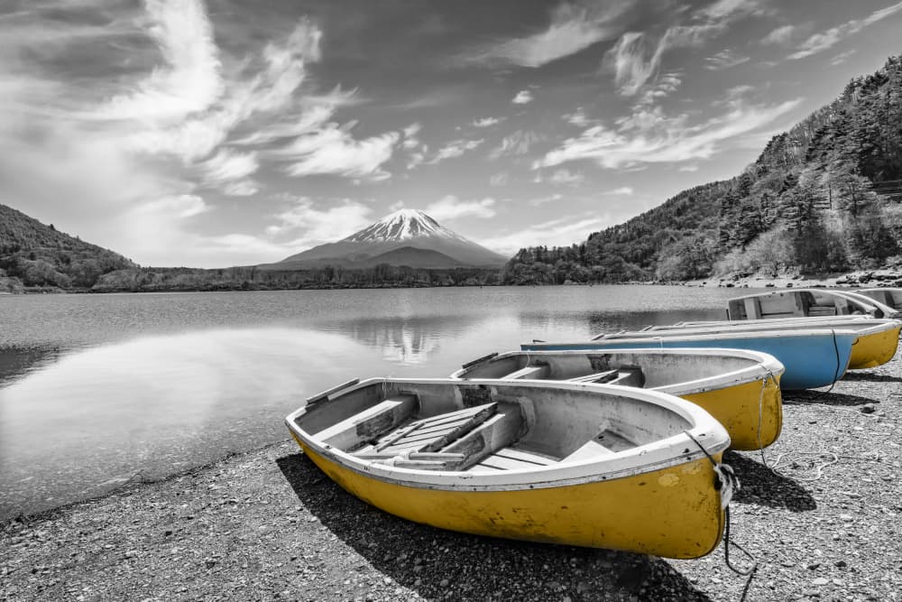 Tranquil Fuji Boat Reflections by Melanie Viola — canvas wall art