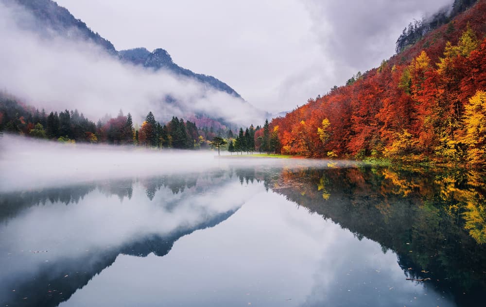 Misty Autumn Lake Reflections by Ales Krivec — canvas wall art