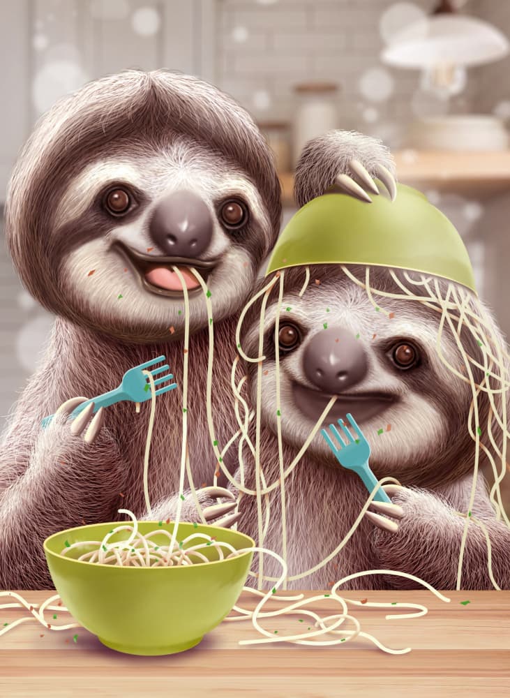 Happy Sloths Eating Spaghetti by Adam Lawless — canvas wall art