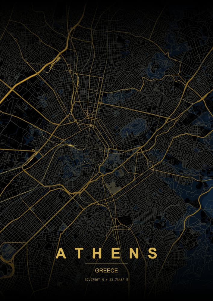 Golden Athens Map by HUGO — canvas wall art