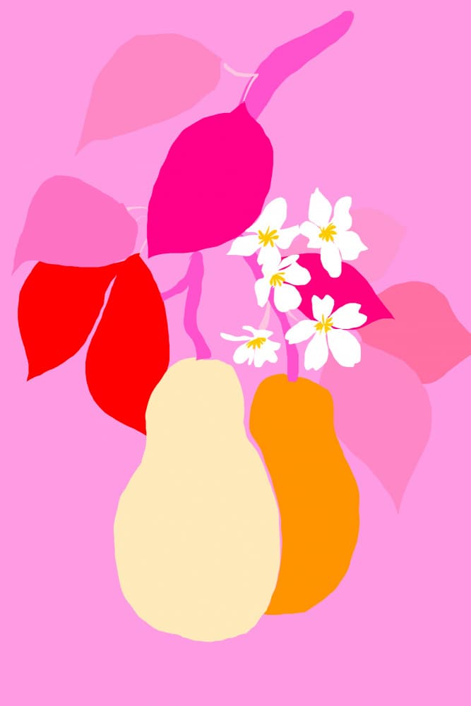 Vibrant Pears and Blooms by Treechild — canvas wall art
