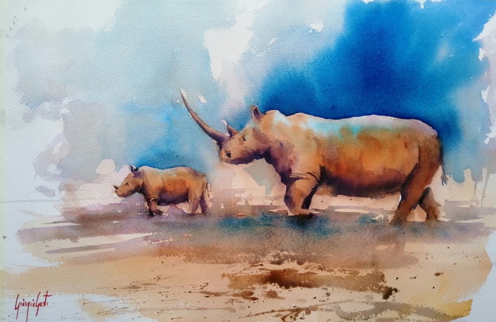 Mother Rhino And Calf by Giorgio Gosti — canvas wall art
