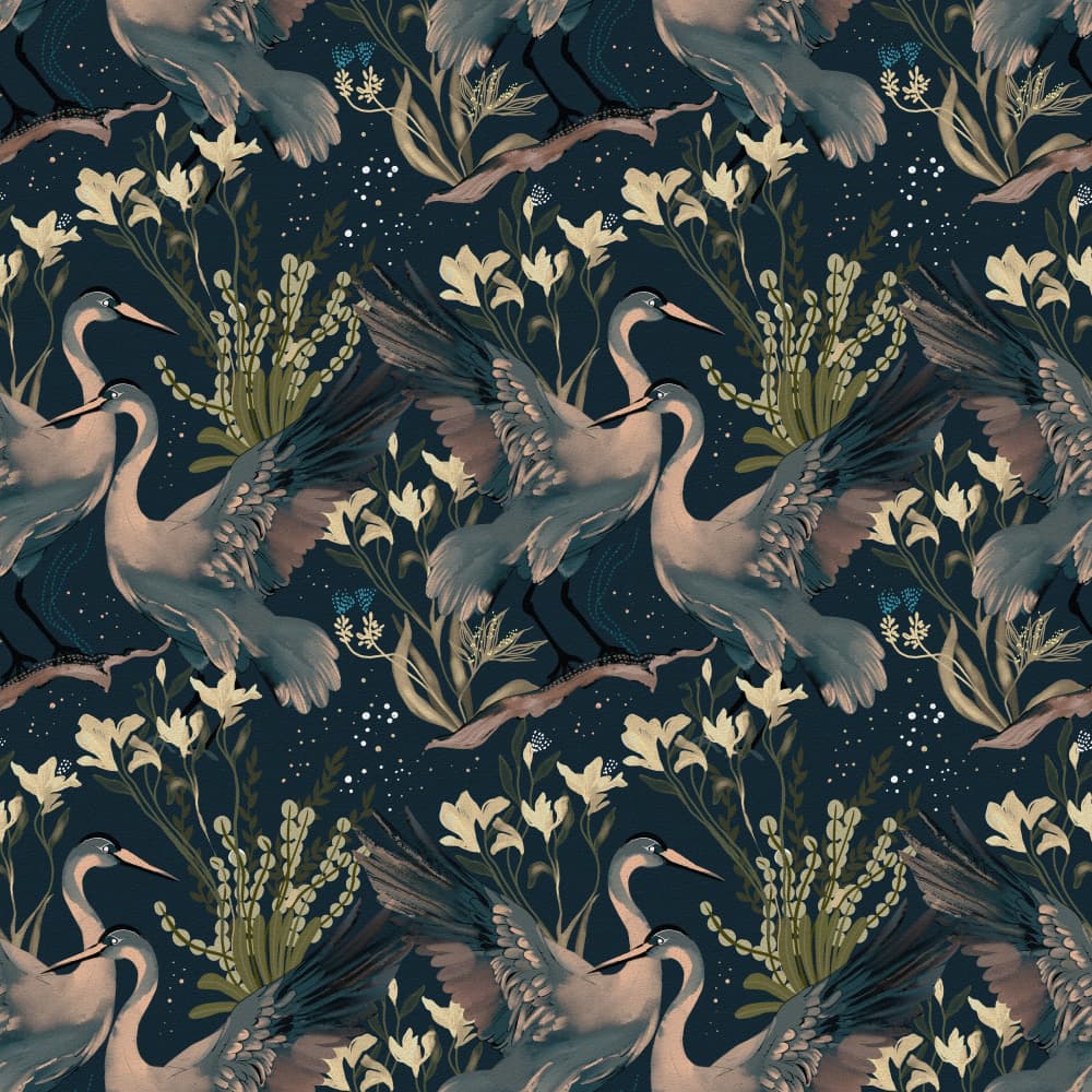 Graceful Cranes Night Blooms by Josie George — canvas wall art