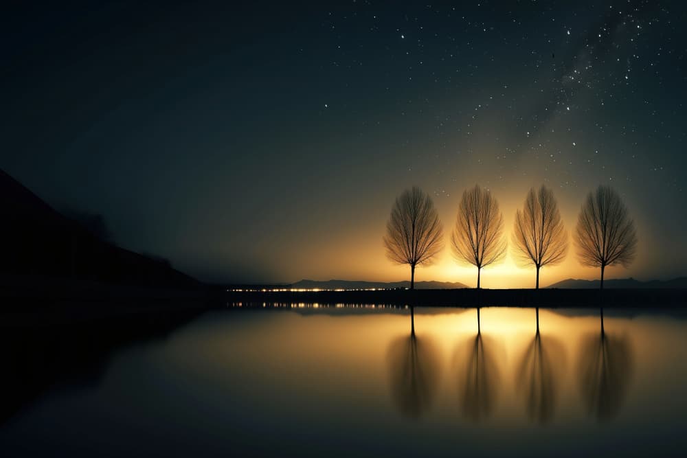 Luminous Trees Night Reflection by Hosam.Karara — canvas wall art