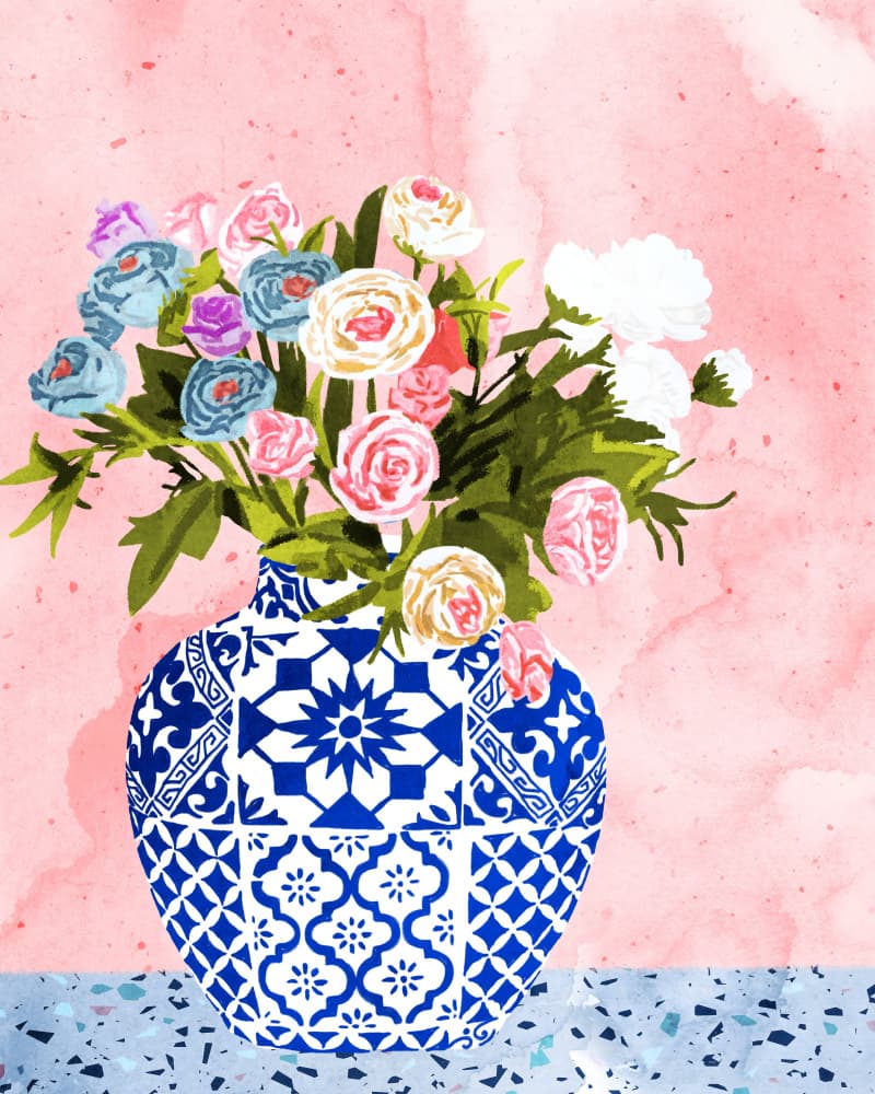 Blue Vase Blooms by Uma Gokhale — canvas wall art
