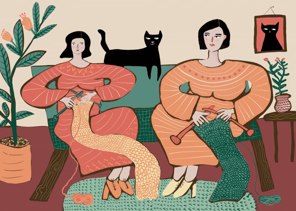 Cozy Knitting Companions by Sharyn Bursic — canvas wall art