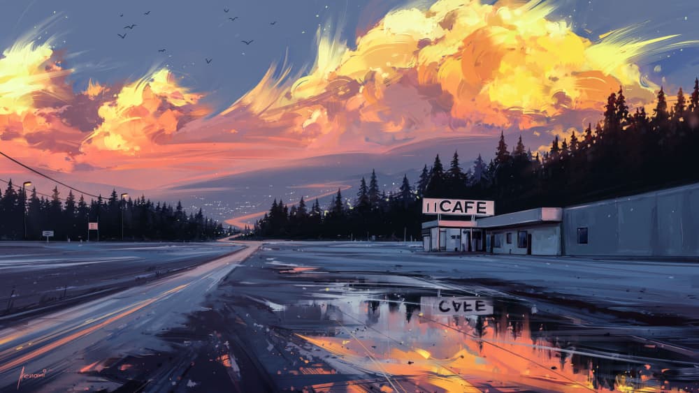 Twilight Cafe Reflections by Alena Aenami — canvas wall art