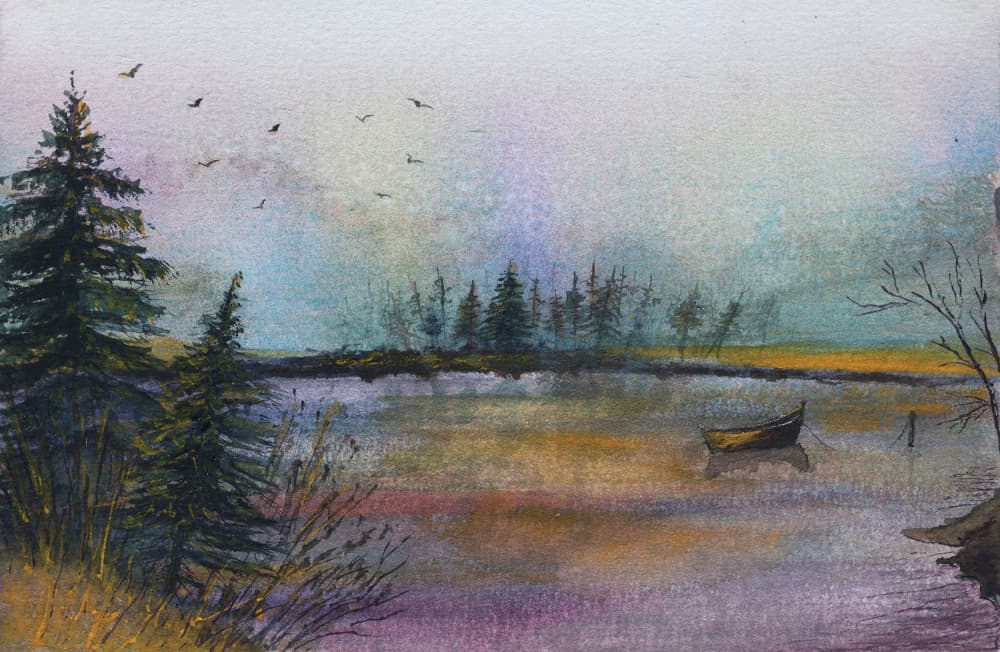 Misty Lake Boat by Marina Kozyr — canvas wall art