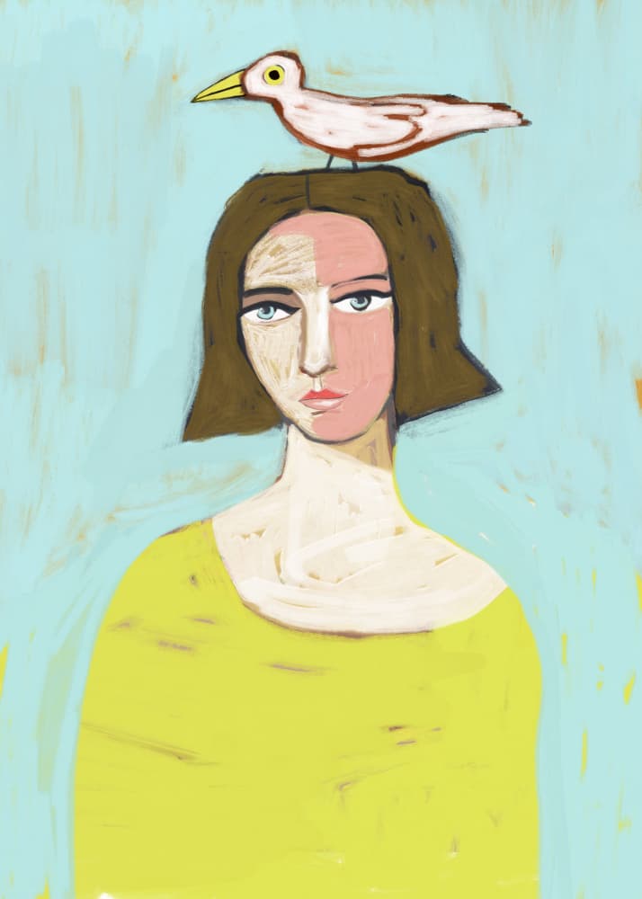 Whimsical Woman With Bird by Sharyn Bursic — canvas wall art