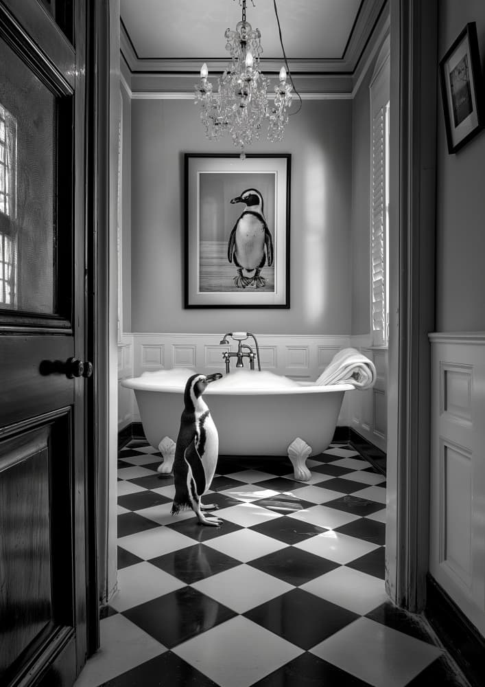 Curious Penguin Bathtime by Niky Rahner — canvas wall art