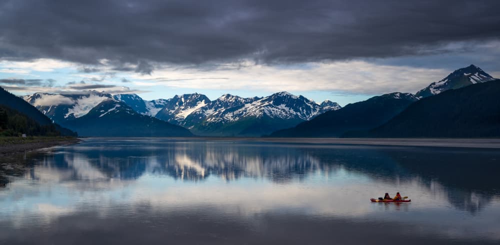 Kayaking Snowy Mountain Reflection by Sophia Li — canvas wall art