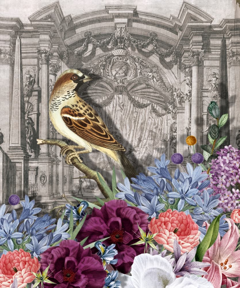Sparrow and Vibrant Blooms by Marja van den Hurk — canvas wall art