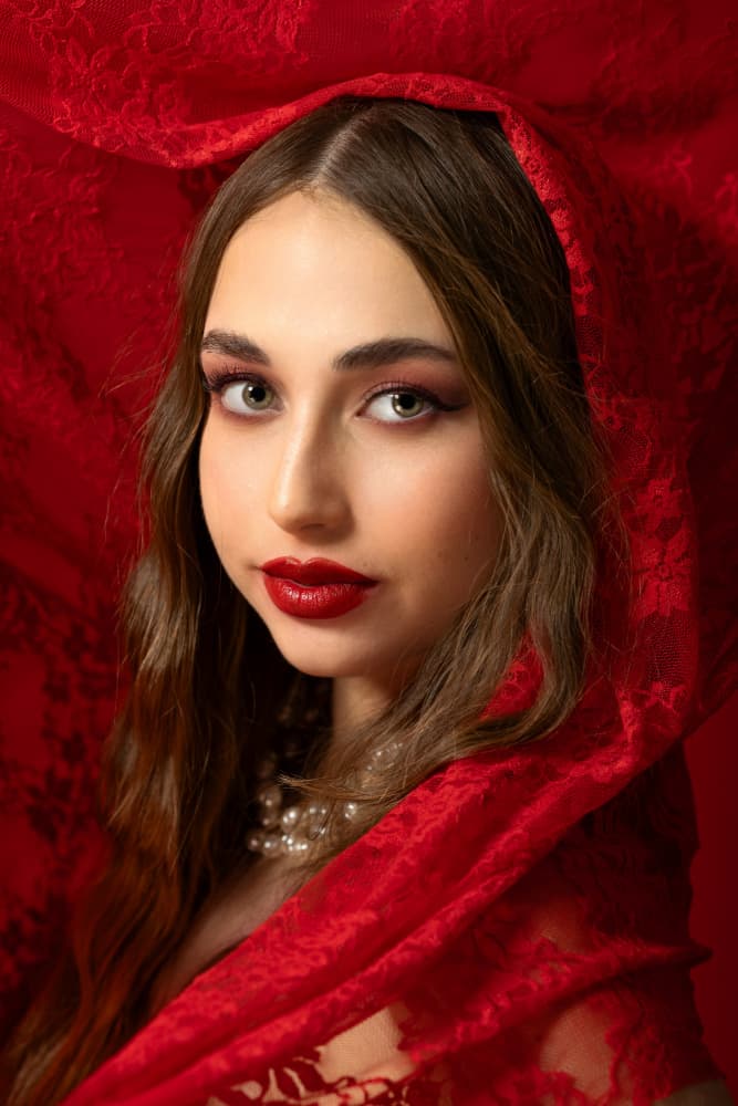 Red Lace Portrait by Sharon Levy — canvas wall art