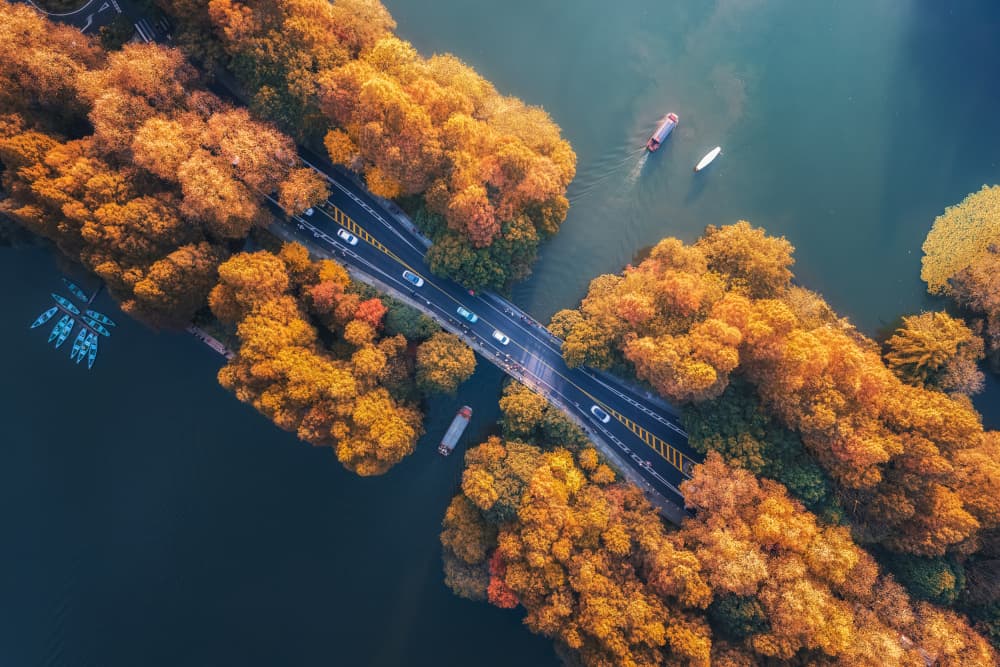 Aerial Autumn Lake Road by Yuan Cui — canvas wall art