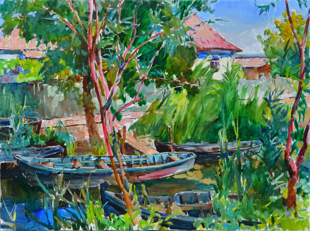 Tranquil River Boats by Andrii Kutsachenko — canvas wall art