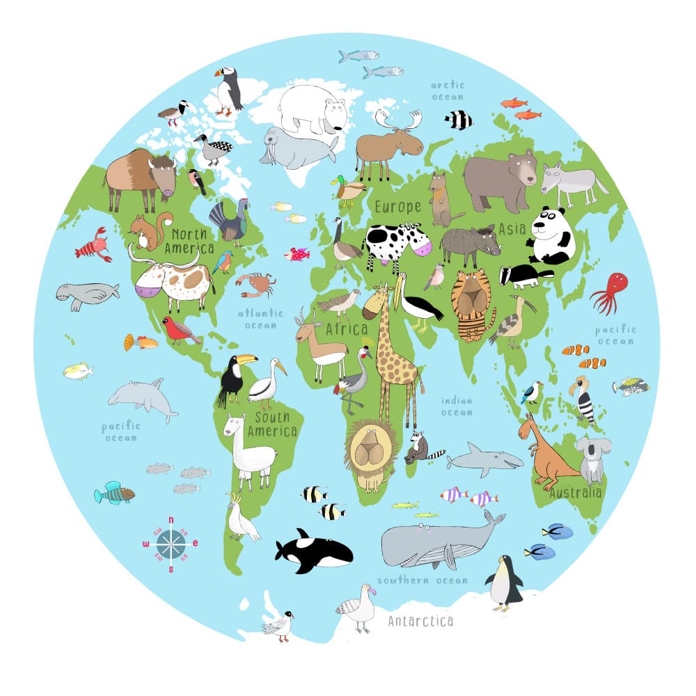 Animals of the World Map by Carla Daly — canvas wall art
