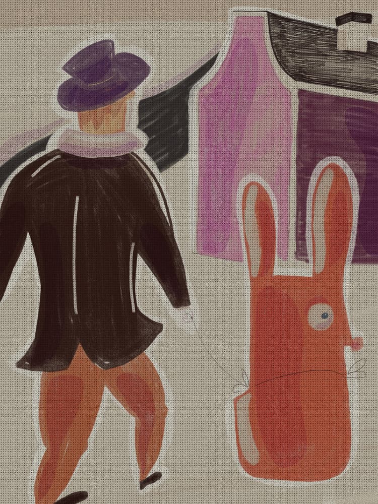 Man Walks Whimsical Rabbit by Elli’s illustrations — canvas wall art