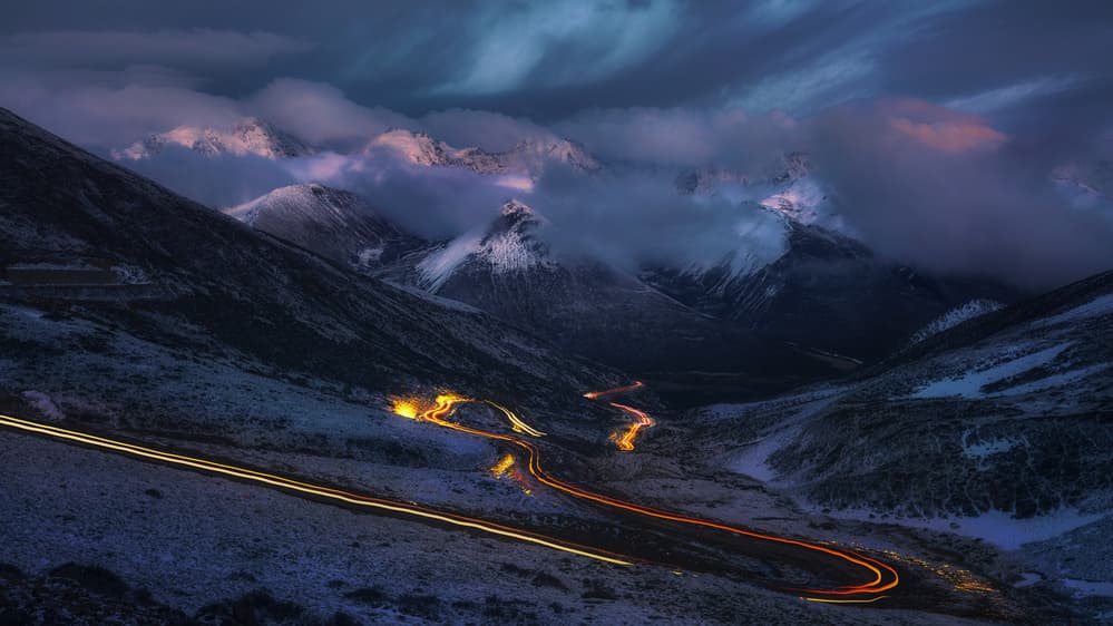 Snowy Mountain Light Trails by Selions(陈磊) — canvas wall art