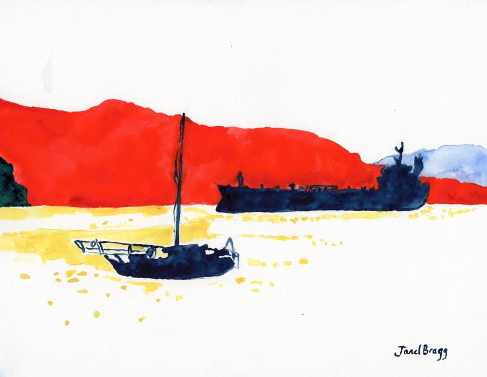 Blue Boat Red Mountains by Janel Bragg — canvas wall art