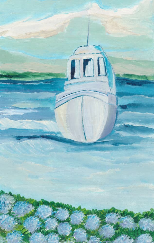 White Boat Blue Hydrangeas by Nikita Jariwala — canvas wall art