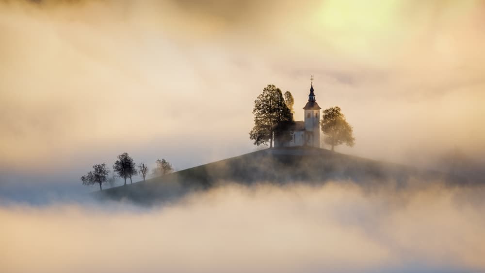 Misty Hilltop Church by Bor — canvas wall art