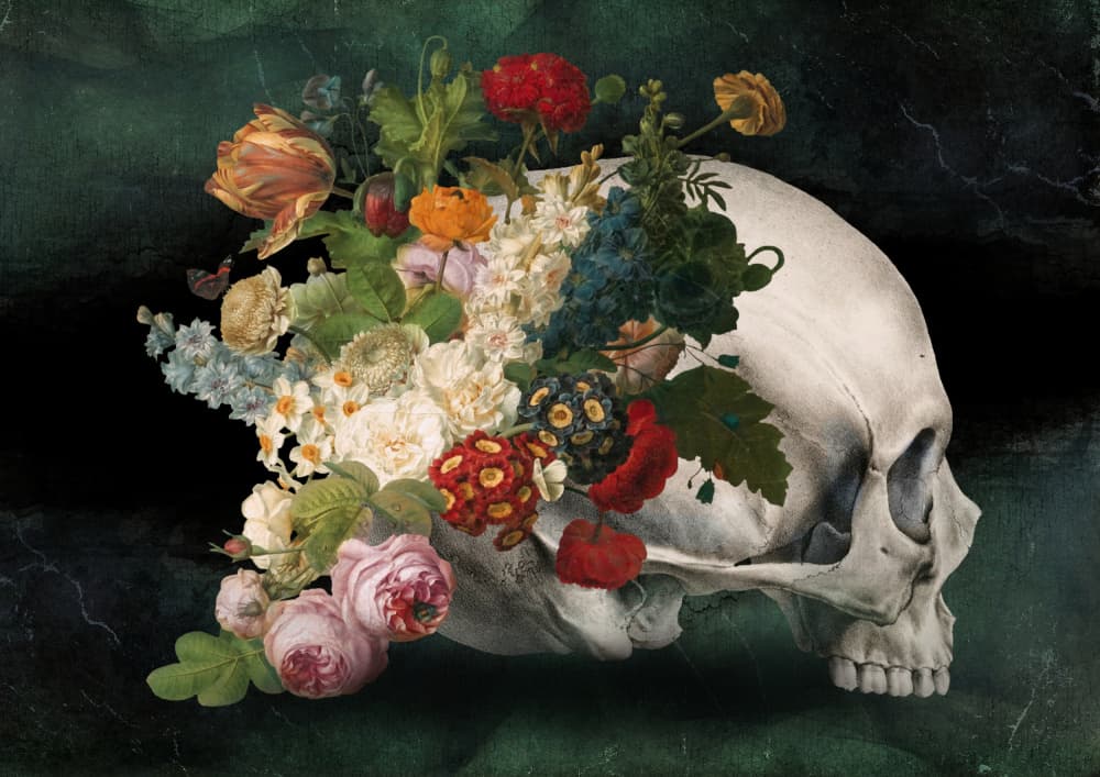 Dark Floral Skull Bloom by Marja van den Hurk — canvas wall art