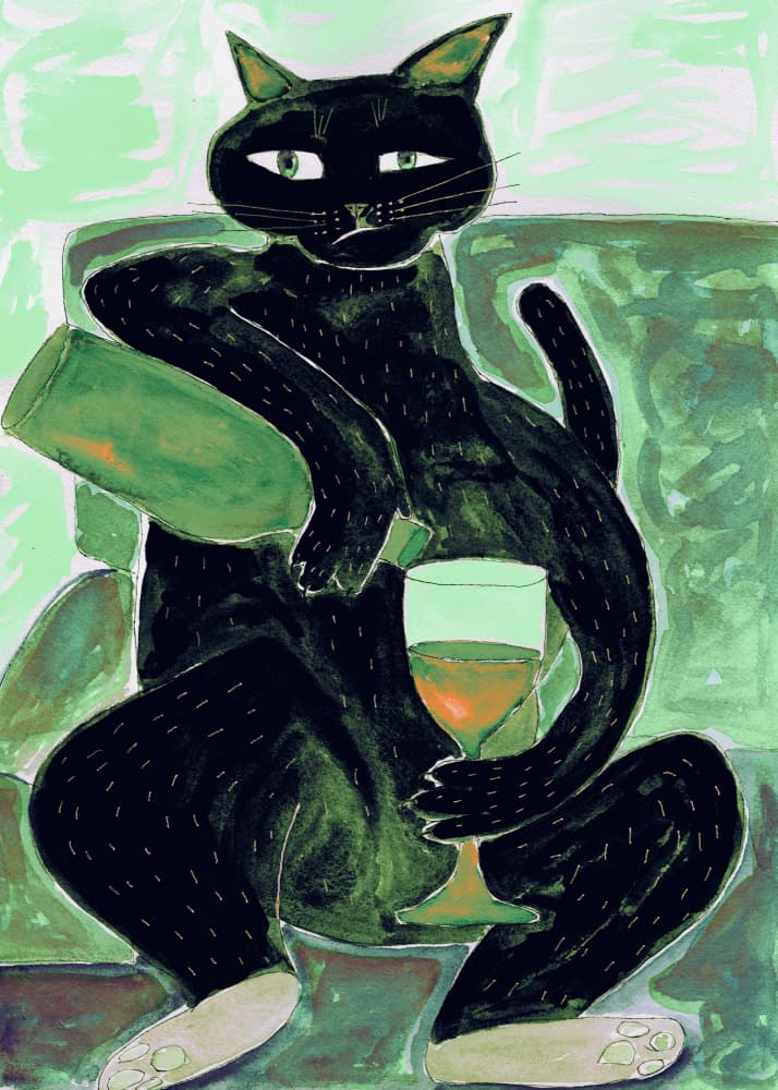 Black Cat Pours Wine by Sharyn Bursic — canvas wall art