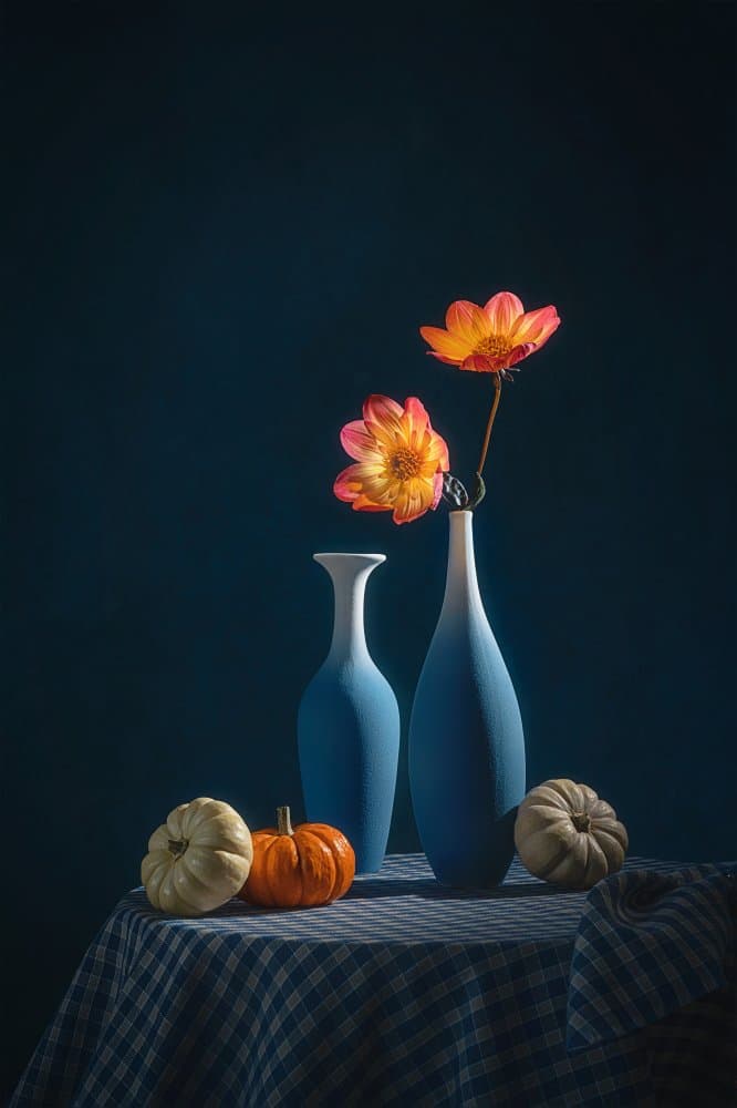 Autumn Dahlias Blue Vases by Lydia Jacobs — canvas wall art