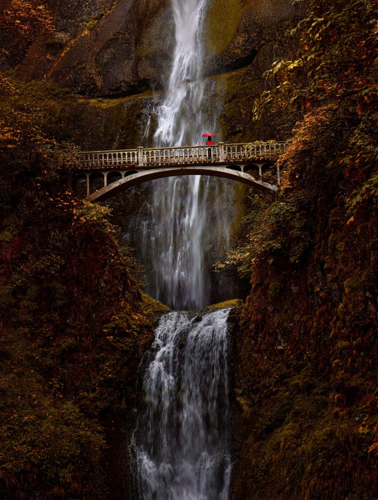 Red Umbrella Waterfall Bridge by Kenneth-Wei Zeng — canvas wall art