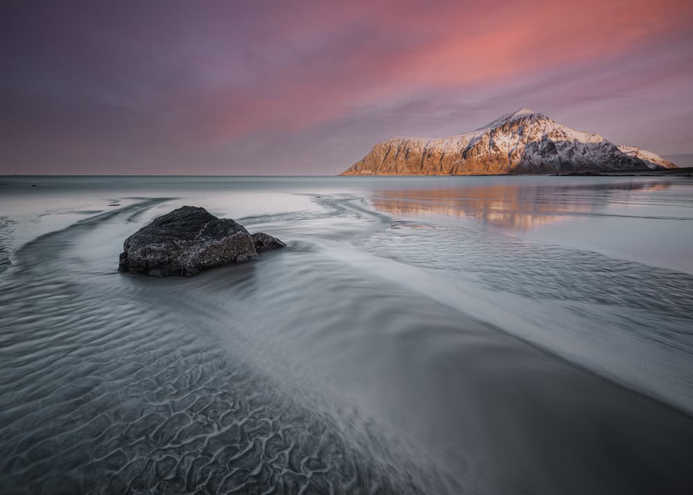 Snowy Mountain Beach Sunset by Haim Rosenfeld — canvas wall art