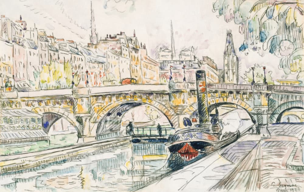 Tugboat at the Pont Neuf, Paris (1923) by Paul Signac — canvas wall art