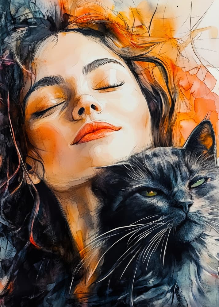 Serene Woman Feline Bond by Justyna Jaszke — canvas wall art