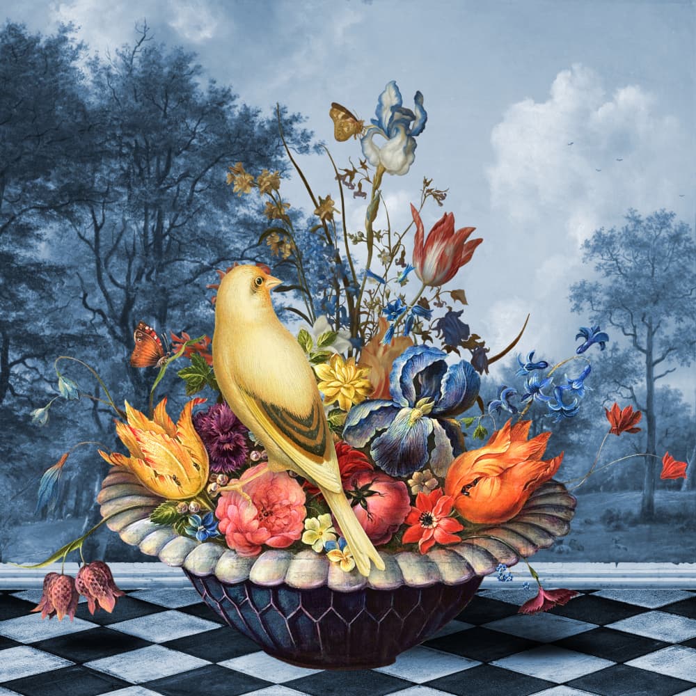 Yellow Bird Floral Still Life by Marja van den Hurk — canvas wall art