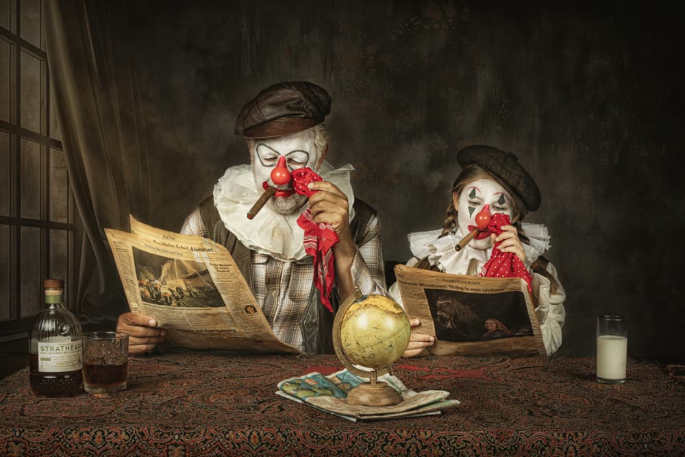 Whimsical Clowns Reading by Carola Kayen-Mouthaan — canvas wall art