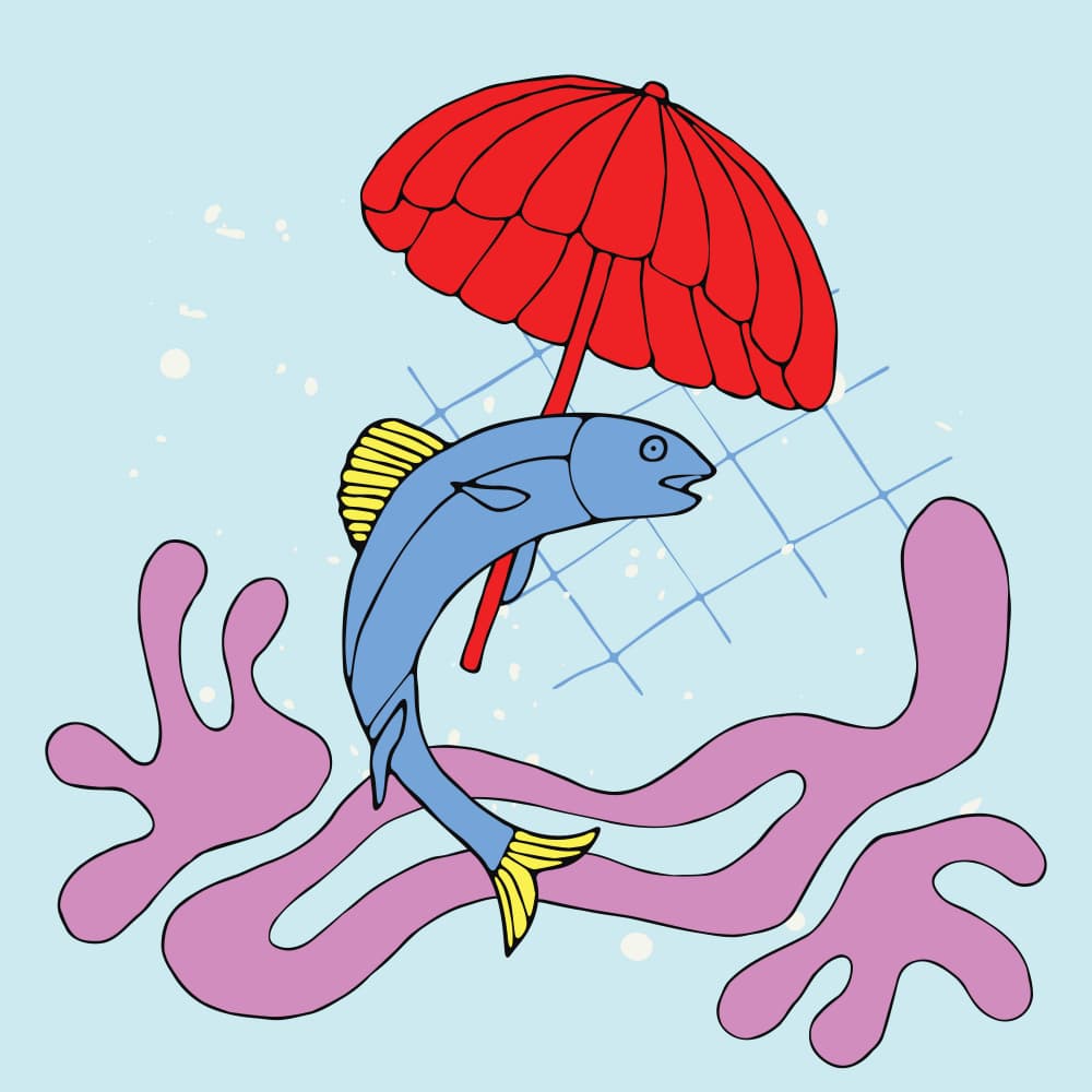 Blue Fish Red Umbrella by Irene Demetri — canvas wall art