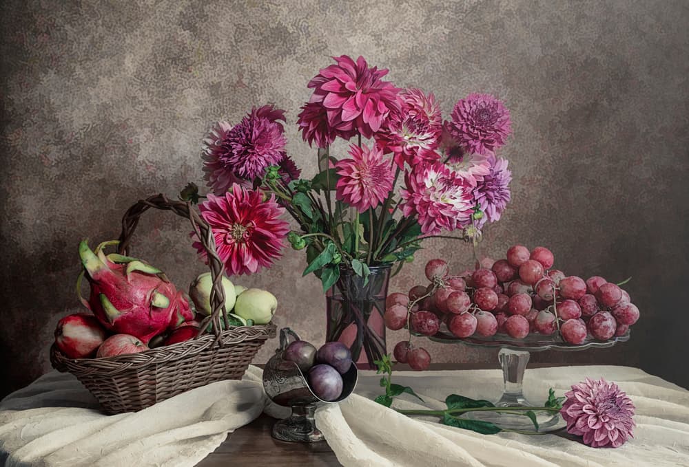Dahlia and Fruit Still Life by Lydia Jacobs — canvas wall art