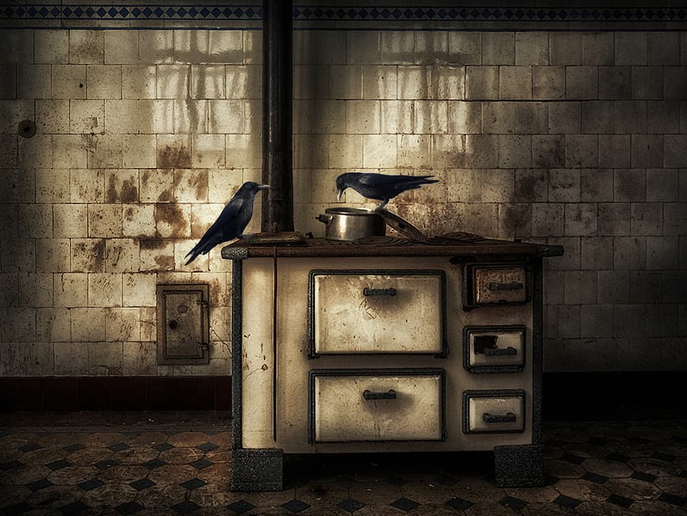 Forgotten Kitchen Crows by Holger Droste — canvas wall art