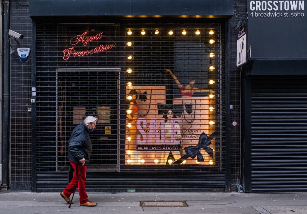 Red Pants City Walk by Lorenzo Grifantini — canvas wall art