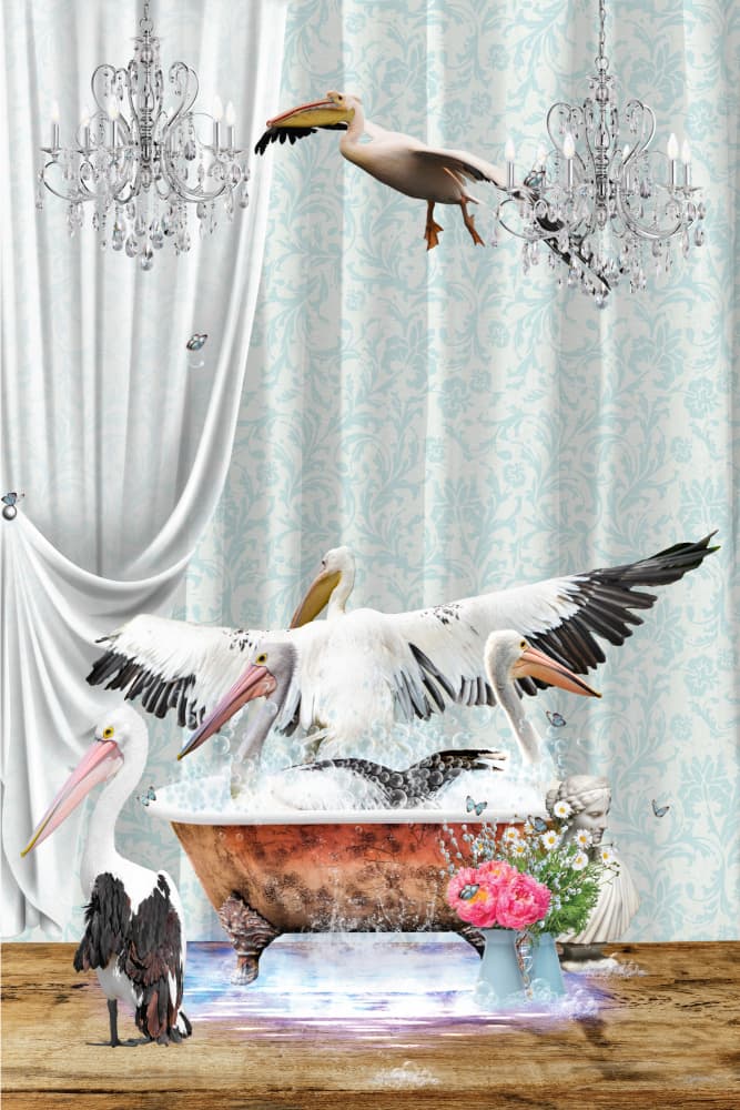 Whimsical Pelican Bath by Sue Skellern — canvas wall art