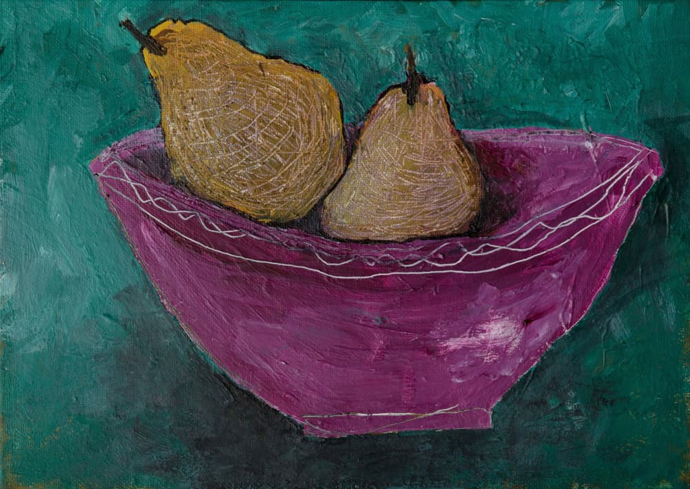 Pears In Magenta Bowl by Dale Hefer — canvas wall art