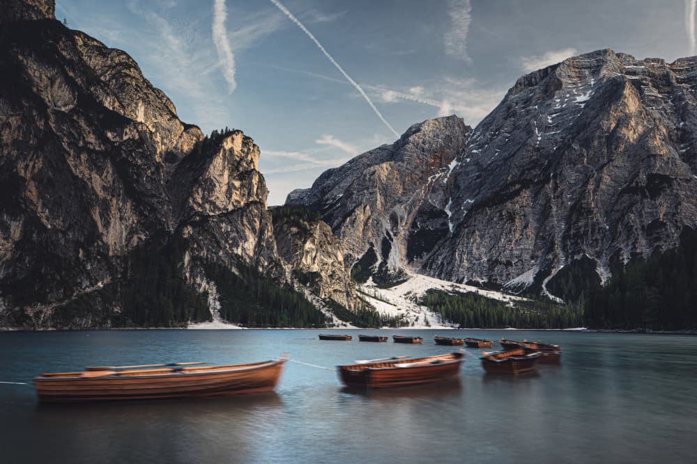 Dolomite Lake Boats by Marco Tagliarino — canvas wall art