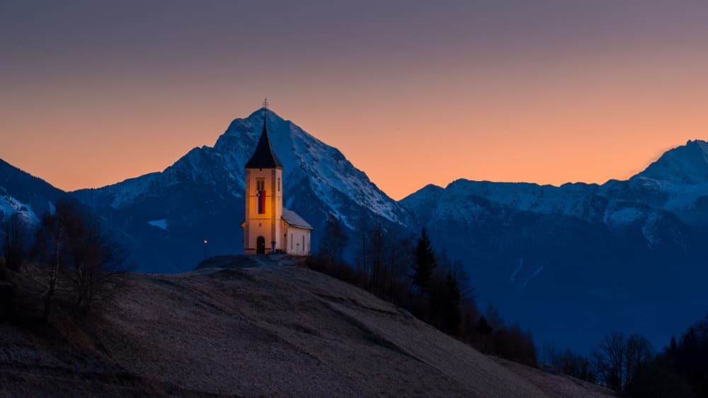Glowing Mountain Church by Bor — canvas wall art