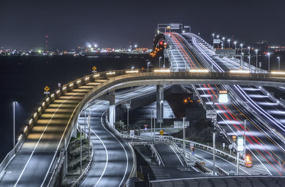 Night Highway Trails by Tomoshi Hara — canvas wall art