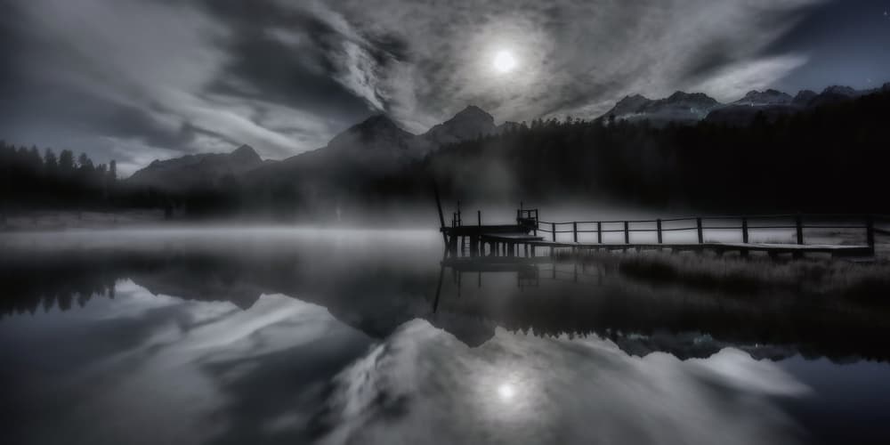 Misty Mountain Moonlit Lake by Judith Kuhn — canvas wall art