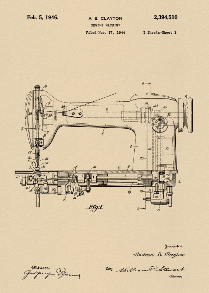 Vintage Sewing Machine Patent by Andreas Magnusson — canvas wall art